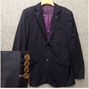 Indochino Houndstooth Wool Custom Blazer Mens 38R Blue Slim Jacket Surgeon Cuffs